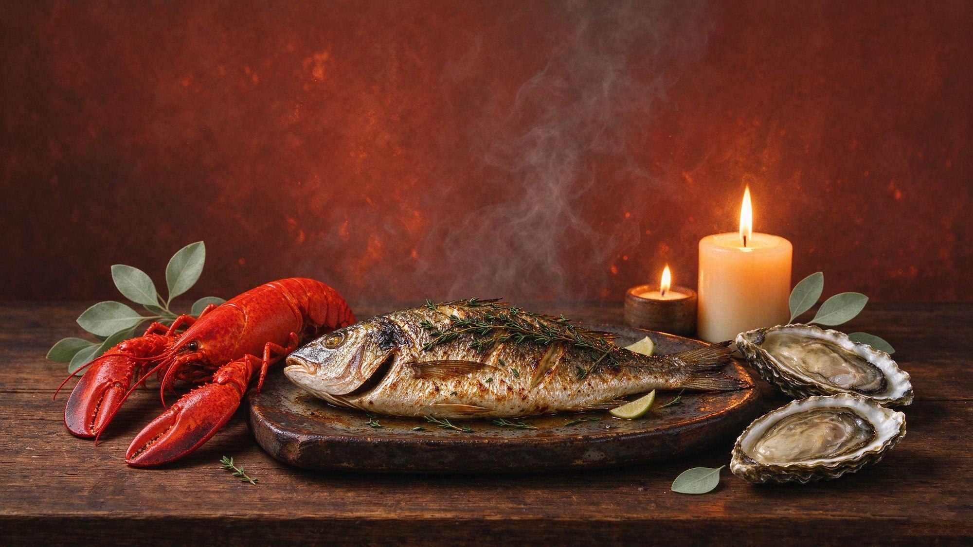 Whole grilled fish with lobster and oysters on a rustic table